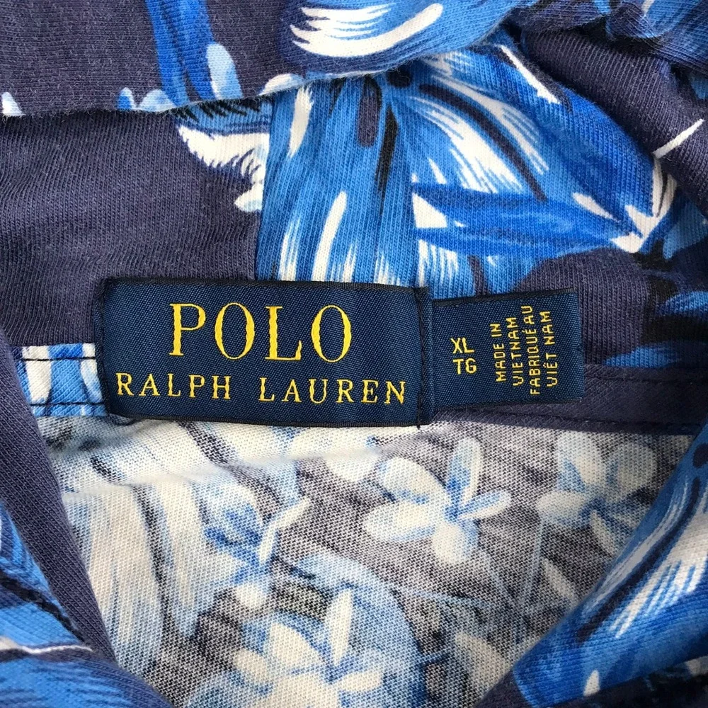 Polo Ralph Lauren Hooded T-Shirt Mens XL Blue Tropical Floral Palm Print Hoodie